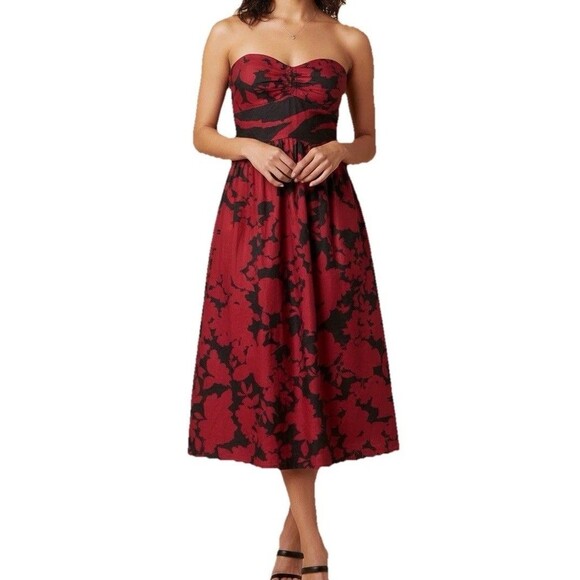 Tibi Dresses & Skirts - Tibi Floral Silk Strapless Dress Size 2 Inside Elastic Strap Lined Red Black